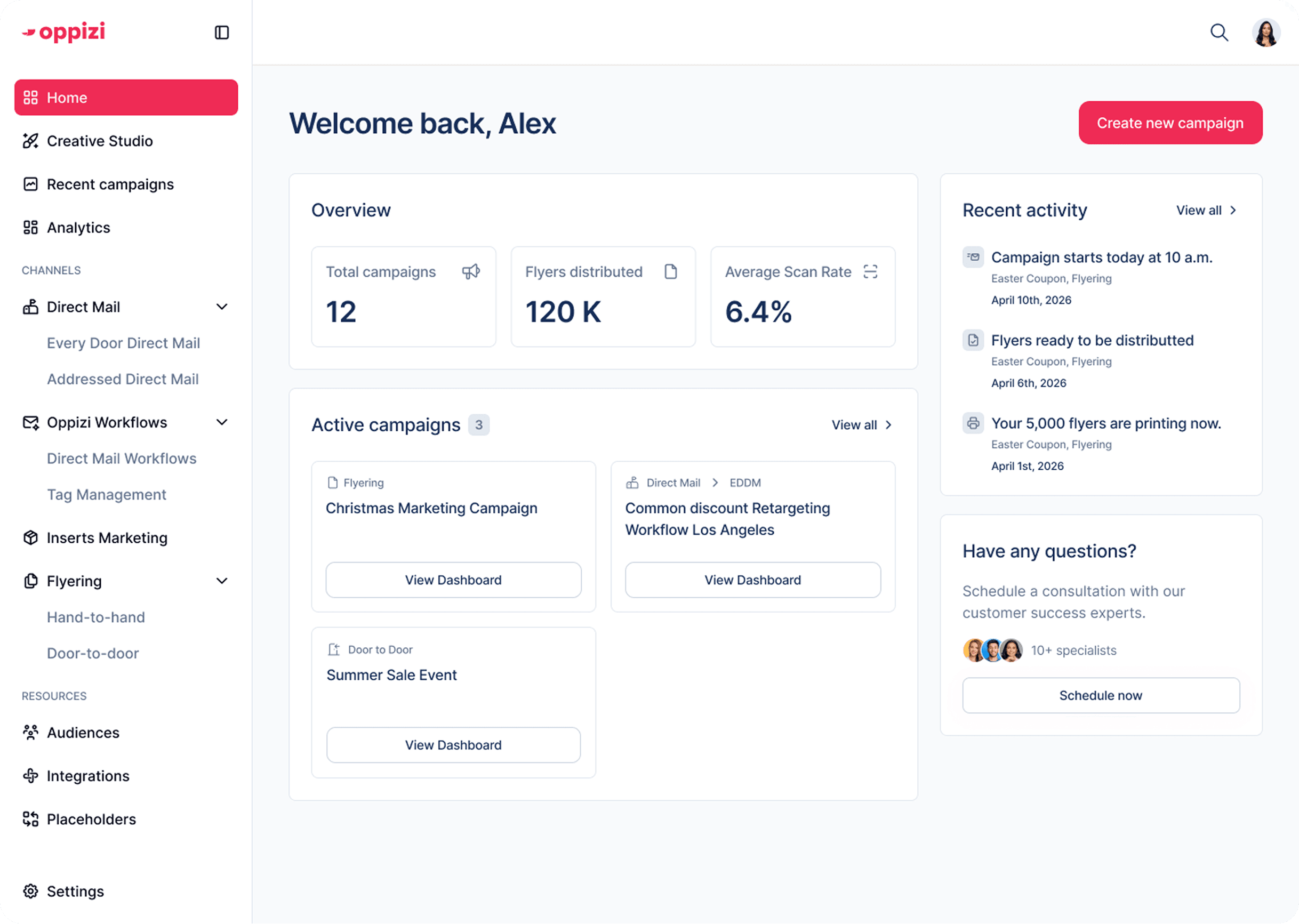Oppizi OS dashboard β campaign overview, active campaigns and recent activity