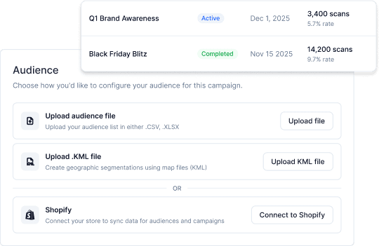 Software interface displaying options for audience file uploads and connecting to Shopify.