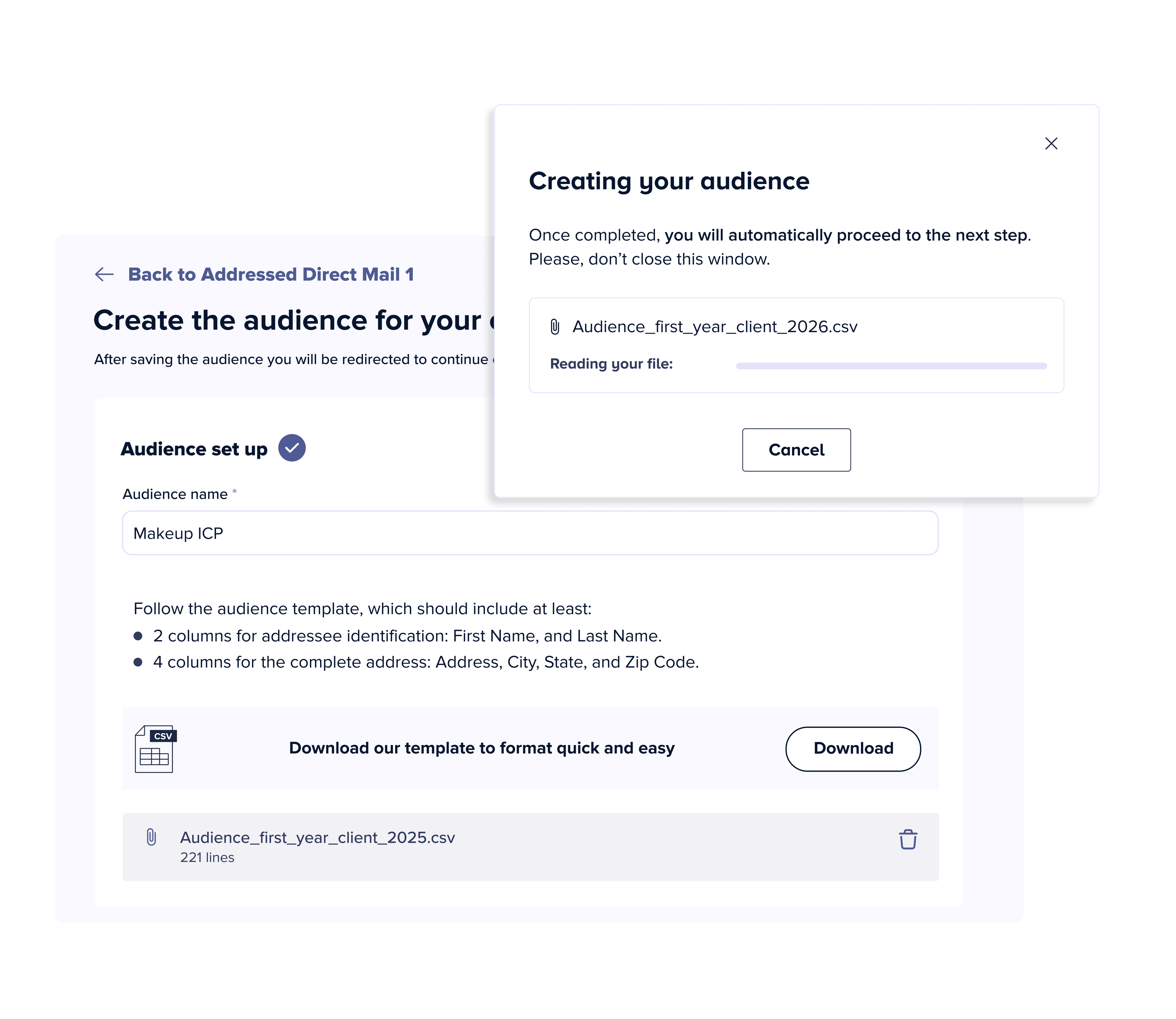 Digital interface for creating an audience, showing a pop-up uploading a CSV file, which is shared securely via SFTP.