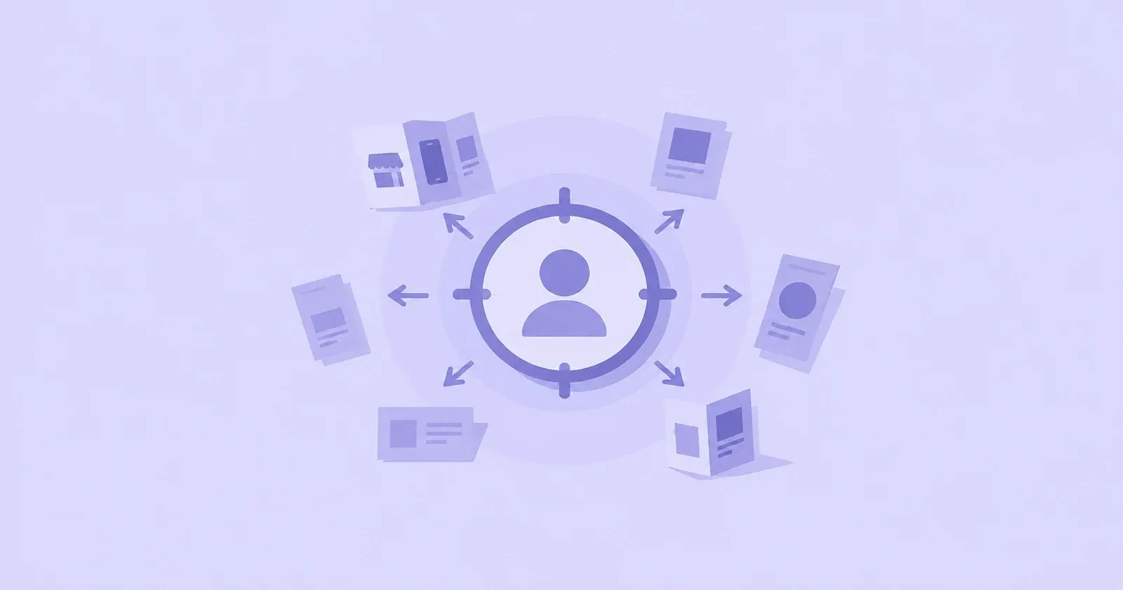 Illustration of an audience persona connected to content tiles representing audience targeting