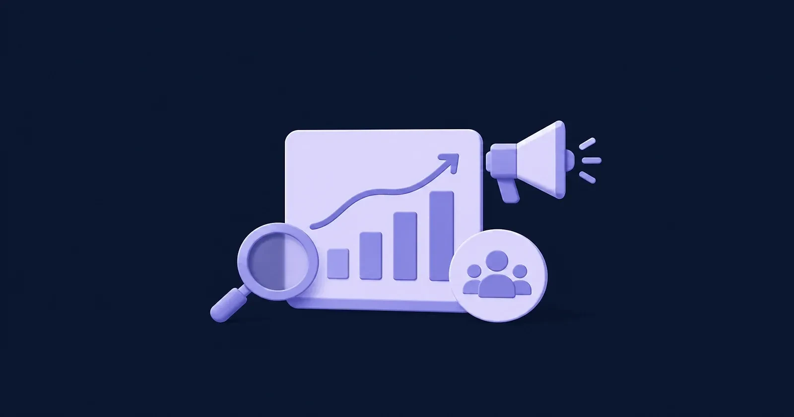 Illustration of brand awareness analysis with a magnifying glass, growth chart and megaphone