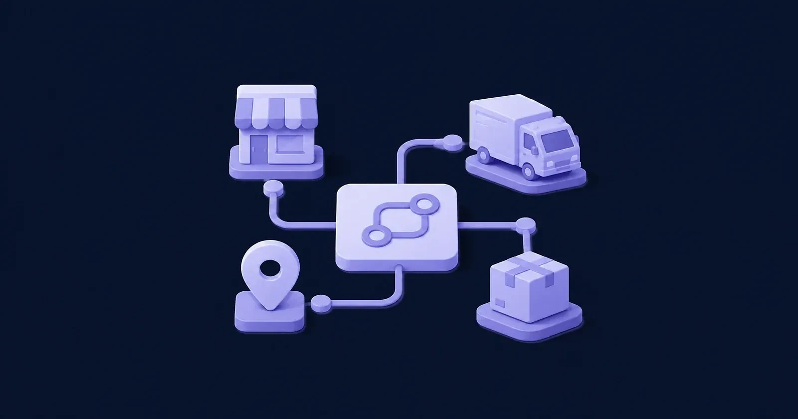 Illustration of a delivery and mobility logistics network with storefront, van and location pins
