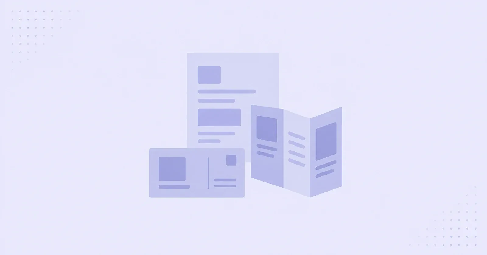 Illustration of direct mail formats — a flyer, postcard and tri-fold brochure