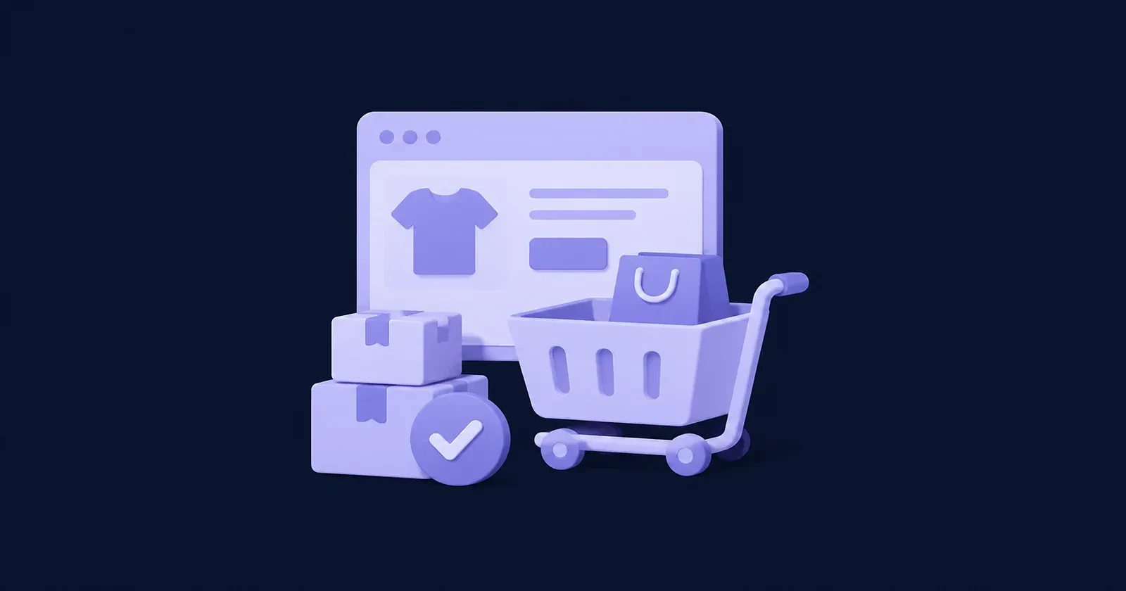 Illustration of an e-commerce online store with a shopping cart and boxes