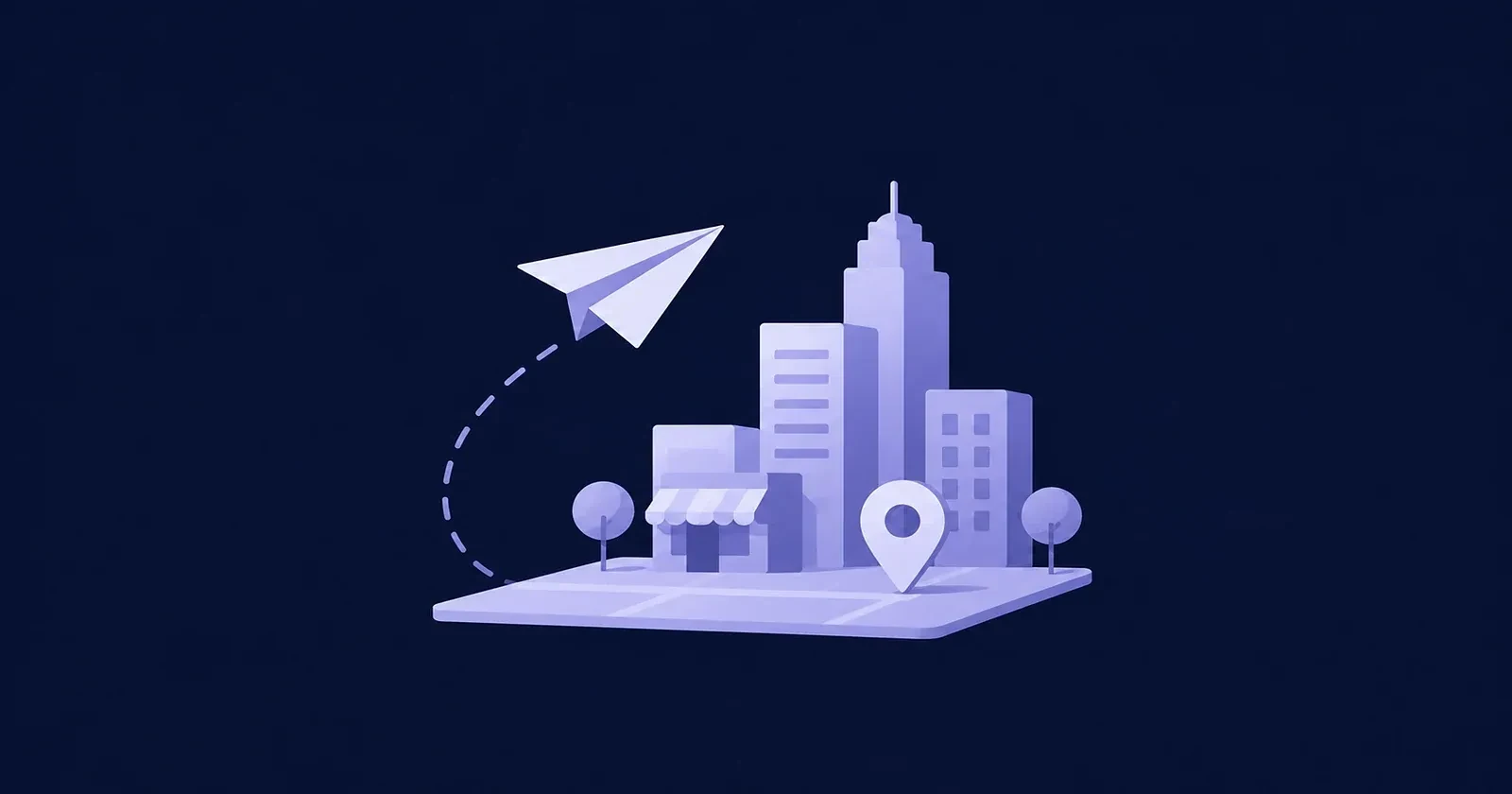 Illustration of a city skyline with a paper plane and location pin representing market and city launches