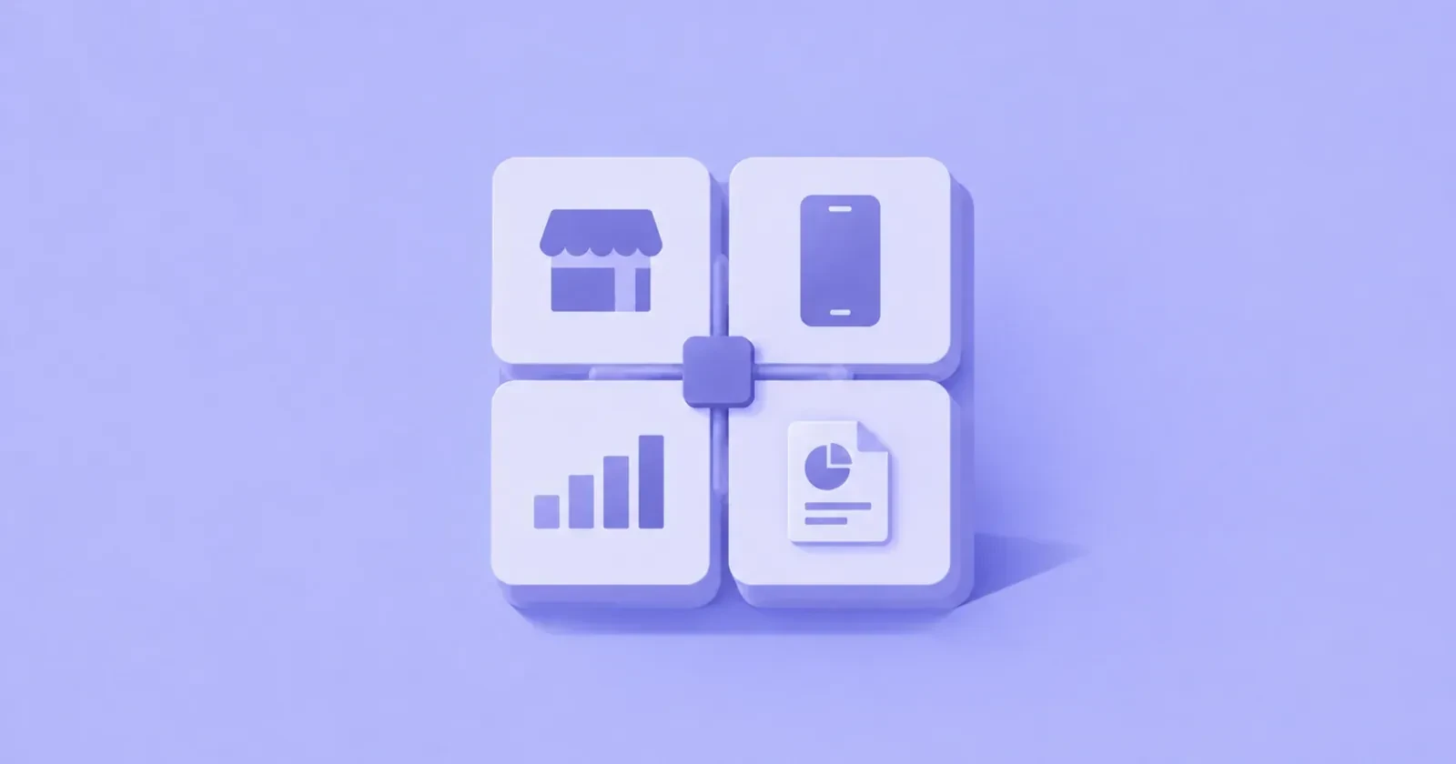 Illustration of four platform tiles for storefront mobile analytics and documents